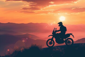 A man riding a motorcycle on top of a hill. Suitable for travel and adventure concepts