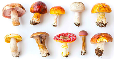 A group of mushrooms on a white background.