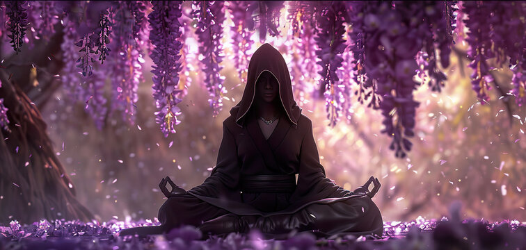Anime warrior monk meditates among cherry blossoms.