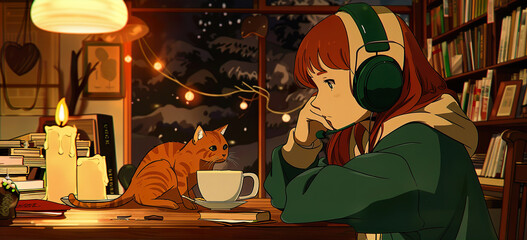 The girl listens to soothing music in the evening. Musical lofi graphics