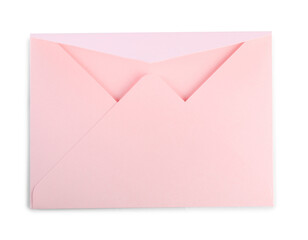 Open pink letter envelope isolated on white, top view