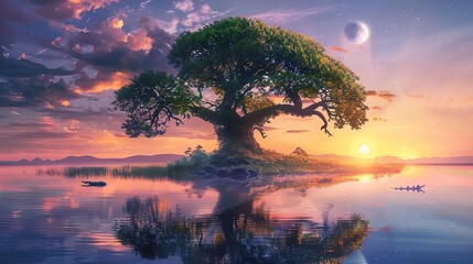 A symmetrical ancient tree with lush leaves on an island in a tranquil lake under a dusk sky half-lit by a setting sun and a rising moon, mirrored in the water below