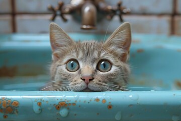 Cute tabby kitten in the bathtub with water drops