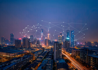 Fototapeta premium 5G 2024 2025 high-speed internet network in the night city. Skylines with bright lines in the night nightlife