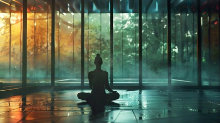 A woman meditates alone in a large empty modern room overlooking the trees