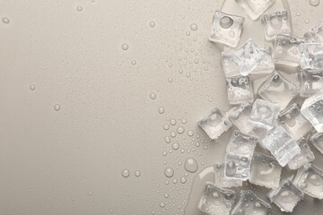 Melting ice cubes and water drops on light grey background, flat lay. Space for text