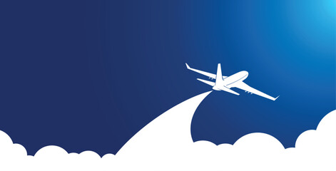 White plane silhouette in blue sky flying above clouds. Vector background template for webpage header © Kiselov