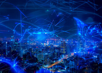 Fototapeta premium 5g high-speed internet network in the night city. Skylines with bright lines in the night.