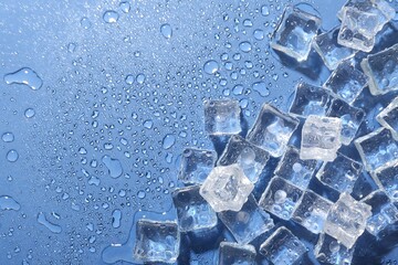 Melting ice cubes and water drops on blue background, flat lay. Space for text