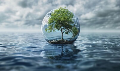 A tree in a glass ball against the background of water. Nature, ecology concept.