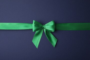 Green satin ribbon with bow on blue background, top view