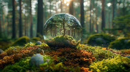 Glass ball in a sunny forest. Ecology concept