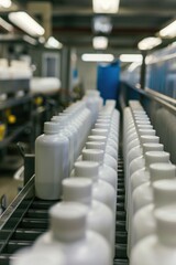 A conveyor belt filled with lots of white bottles. Suitable for industrial concepts