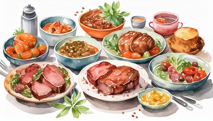 Watercolor illustration of meat dishes on a white background 