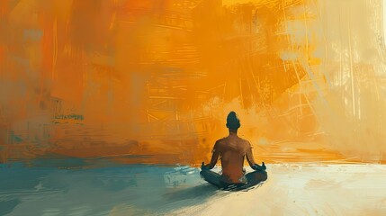 Illustration, a person meditating, minimalist painting, cyan and amber pastel color palette.