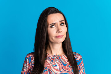 Fototapeta premium Photo portrait of pretty young girl skeptical look wear trendy colorful clothes isolated on blue color background