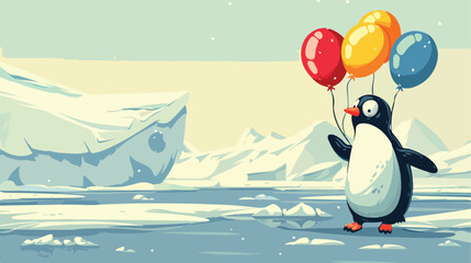 Happy penguin holding balloons on ice floe Vector style