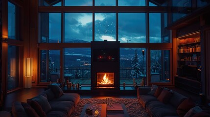 View from the luxurious room of the winter mountains. Relaxation, style, modernity
