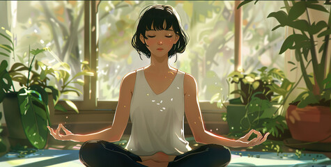 The girl meditates in a zen pose. Anime style.
