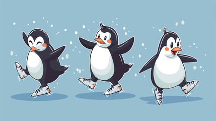 happy penguin ice skates cartoon set Vector style vector