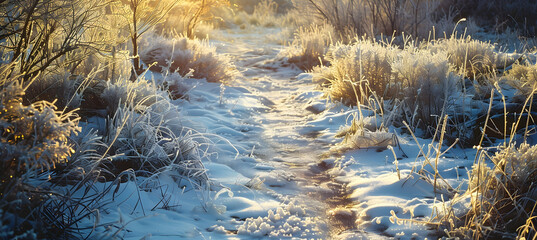Obraz premium A frost-covered gulley in early morning light, the icy surfaces sparkling as they catch the first rays of the sun, surrounded by dormant vegetation