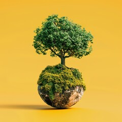 Planet earth with lush green tree growing from it. ecological energy sources on the planet's surface. yellow background.