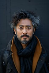 Portrait of a handsome middle-aged man wearing a coat and scarf