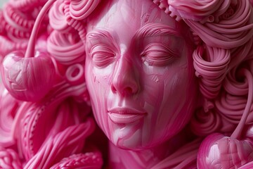 Close-up of a pink sculpture with a female face in it