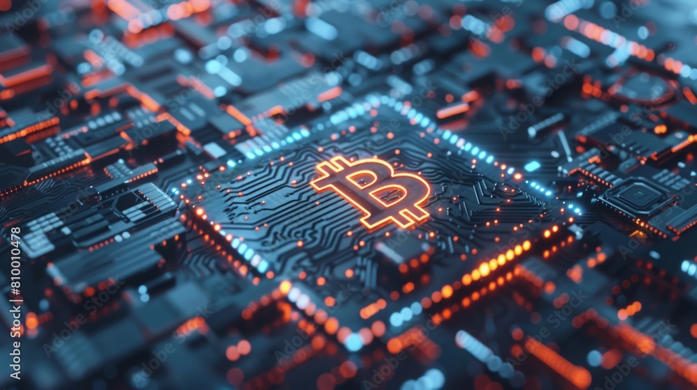 Fototapete A physical representation of a bitcoin symbol engraved on a computer chip, symbolizing the integration of cryptocurrency with technology.