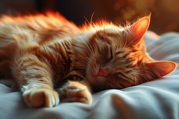 Cute ginger cat sleeping on bed at home,  Fluffy pet with closed eyes
