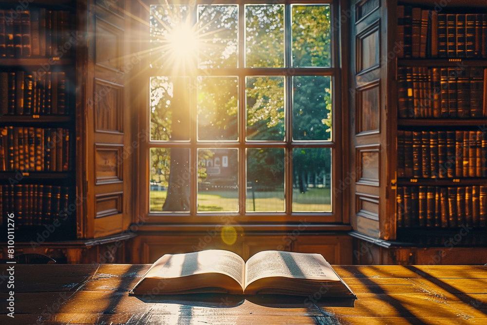 Aufkleber sunlight filtering through a library window onto an open ancient book warmth and wisdom