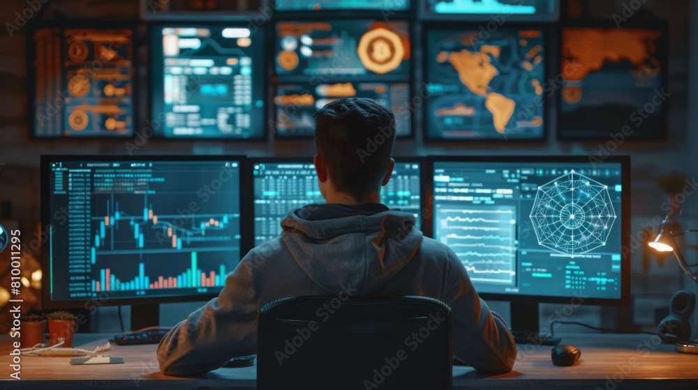 Poster A man is seated at a desk, concentrated, in front of a setup of several monitors displaying various data and information.