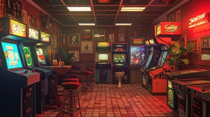 retro arcade room with old video game machines with neon lights