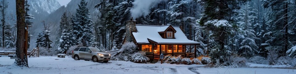 Cozy Mountain Cabin Retreat with Rental Car Surrounded by Snowy Forest Landscape