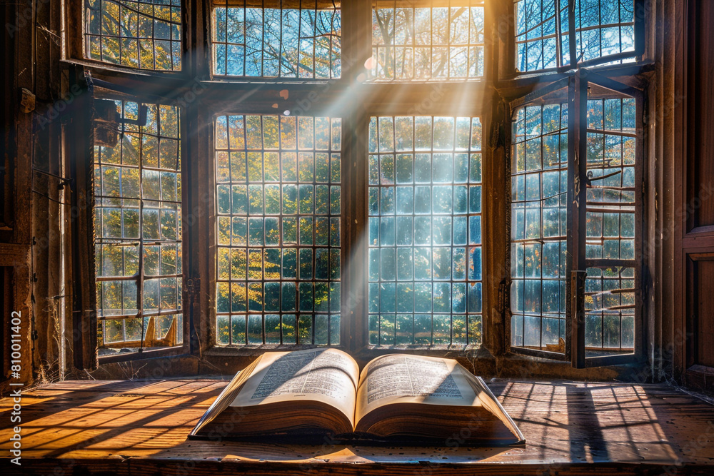 Poster sunlight filtering through a library window onto an open ancient book warmth and wisdom