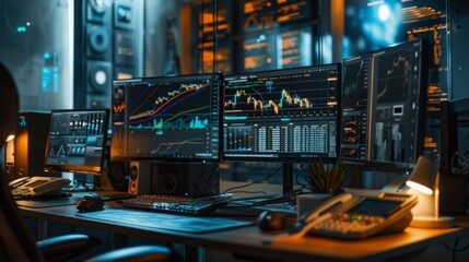 Silhouetted professional analyzes complex financial data across multiple computer screens in a modern office setting.