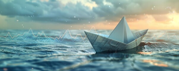 Obraz premium Paper boat on tranquil waters at sunset