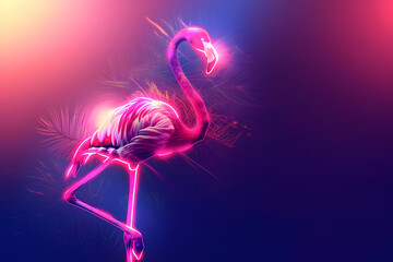 Flamingo bird with futuristic technology. Colors neon background.
