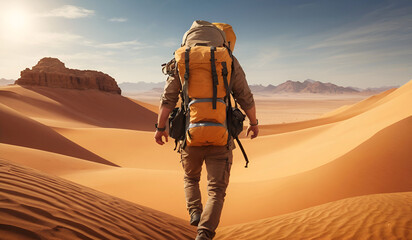 Explorer carrying a backpack walking through the desert from behind