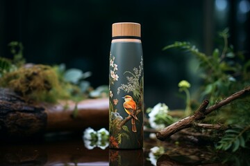 Obraz premium Stylish thermos with a sophisticated floral and bird illustration, placed in a natural outdoor setting