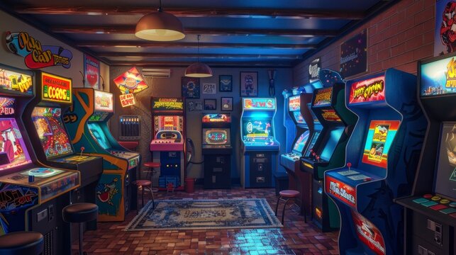 Retro arcade room with old video game machines with soft neon lights in high resolution and high quality. video game,arcade concept