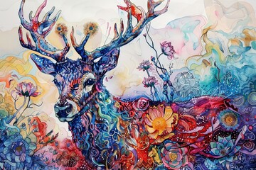 AI generated illustration of a deer surrounded by blooming flowers in a painting