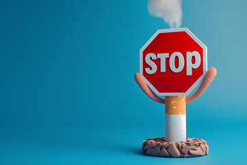 Cute 3D cartoon cigarette with "stop" sign on background.