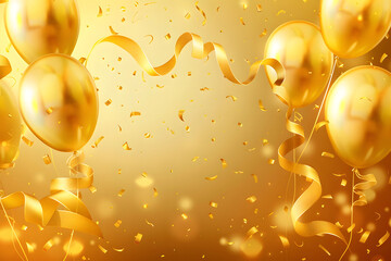Grand opening celebration background with golden ribbon and balloon.