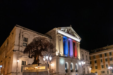 Night view of Nice Courthouse (Palace of Justice, 1885) - imposing law courts built in neoclassical...