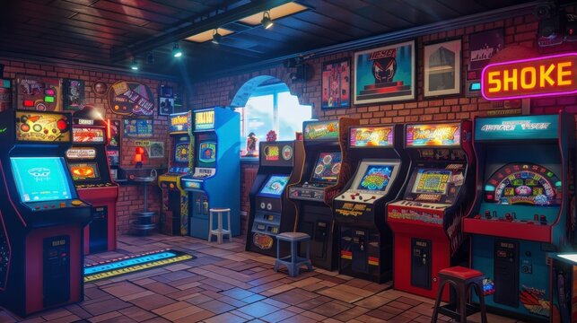 Retro arcade room with old video game machines with soft neon lights in high resolution and high quality. concept video games,arcade,room,retro