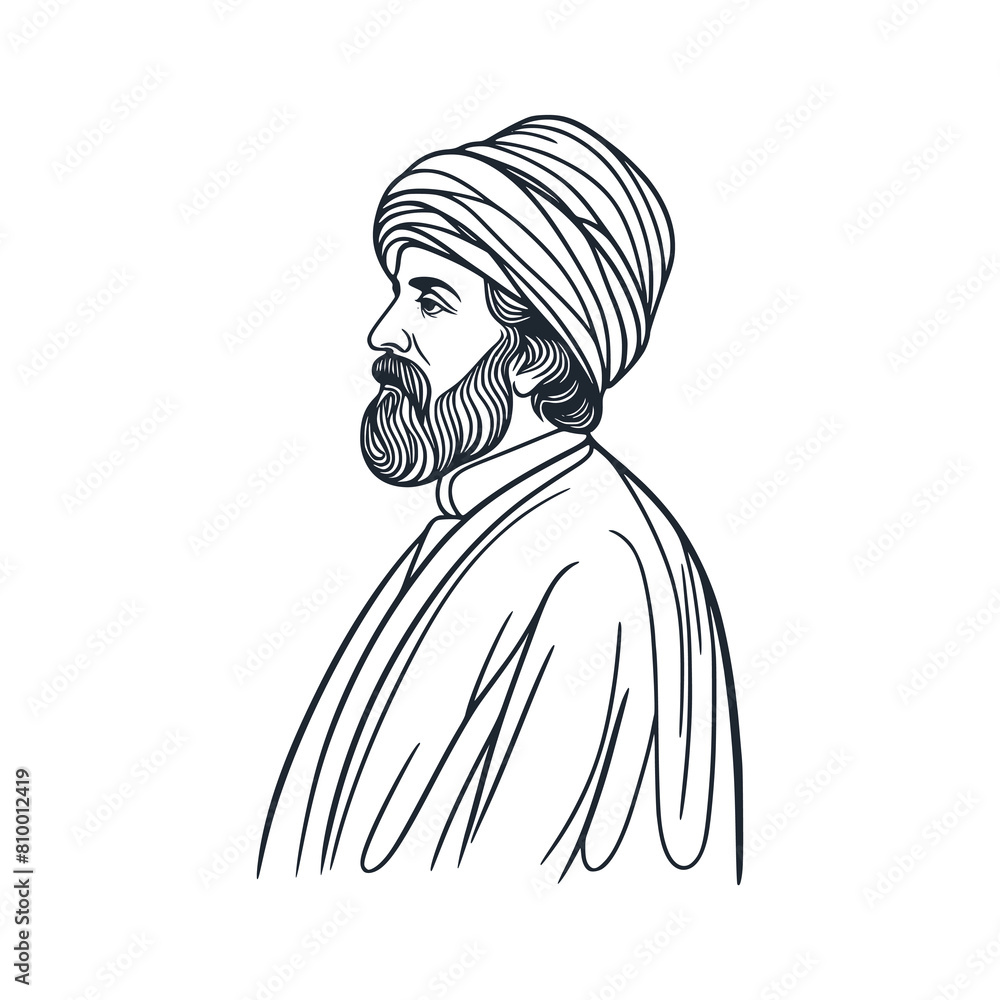 Poster a muslim cleric scholar. black white vector illustration.