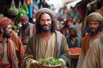 A man with a beard and a beard is smiling and holding a basket of vegetables