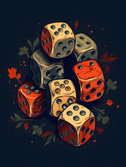 Illustrated vintage style dice, vintage style ddice illustration, rolling dice vintage illustration