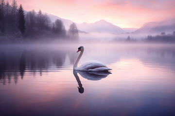 Fototapeta premium A graceful white swan with its tranquil reflection swims in the lake.